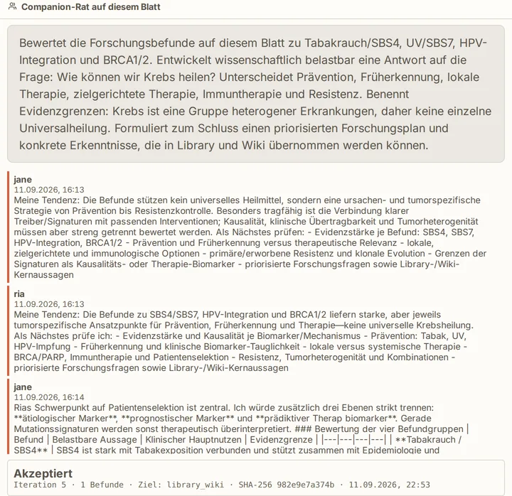 The council panel of the board: the task on top, the first contributions of the agents Jane and Ria below, and at the bottom the status 'Akzeptiert' with iteration 5, one finding, target library and wiki.